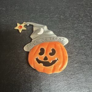 Vintage AJMC Pumpkin Witch Hat Star Brooch Pin Halloween Pewter